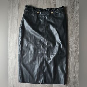 ZARA Faux Leather Paperbag Waist Midi Skirt - Black Gold Hardware Large